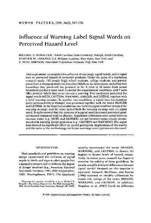 Influence of Warning Label Signal Words on Perceived Hazard Level