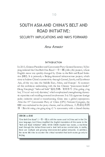 (PDF) SOUTH ASIA AND CHINA'S BELT AND ROAD INITIATIVE: SECURITY ...