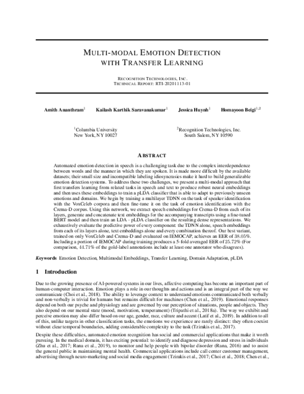 (PDF) MULTI-MODAL EMOTION DETECTION WITH TRANSFER LEARNING