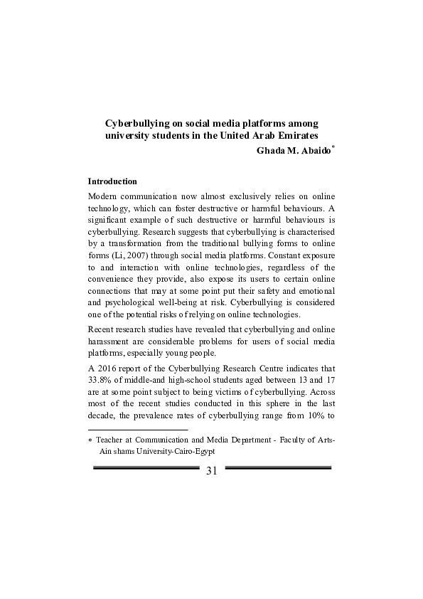 (PDF) Cyberbullying on social media platforms among university students ...