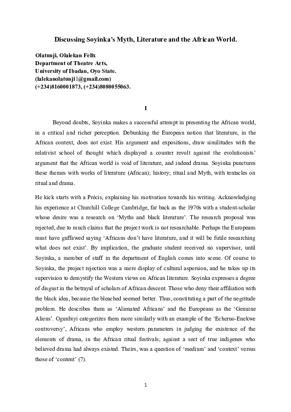 (DOC) Discussing Soyinka's Myth, Literature and the African World