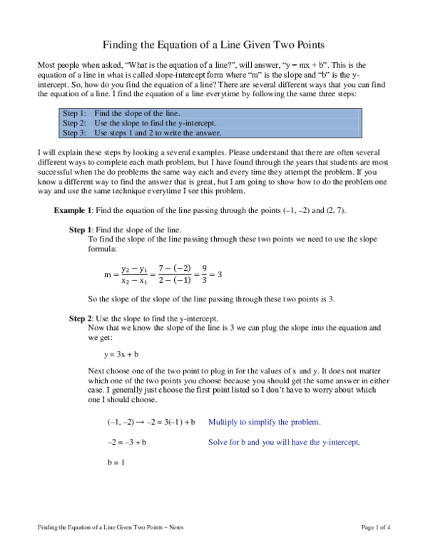 (PDF) Finding the Equation of a Line Given Two Points -Notes Finding ...