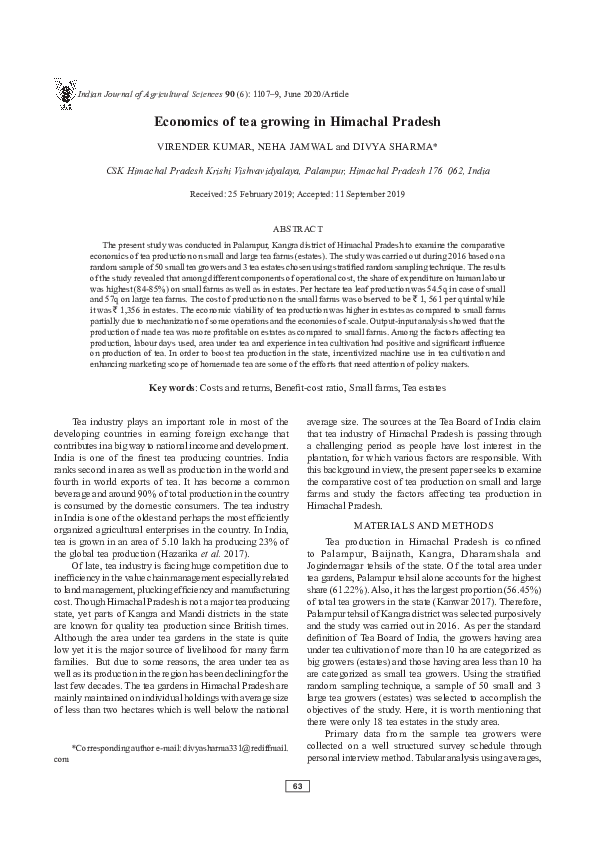 (PDF) Economics of tea growing in Himachal Pradesh Virender Kumar