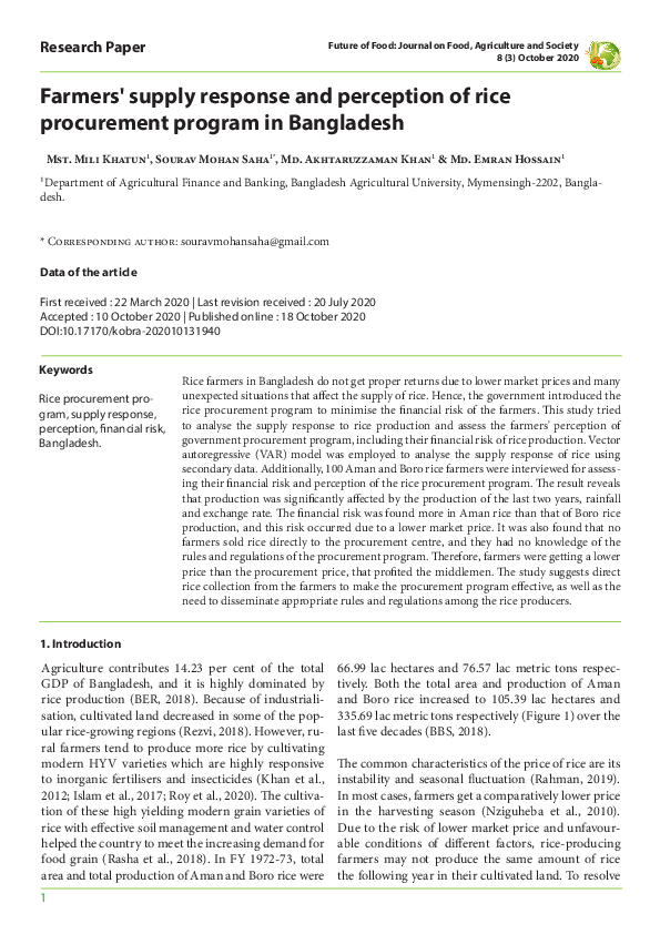 (PDF) Farmers' supply response and perception of rice procurement ...