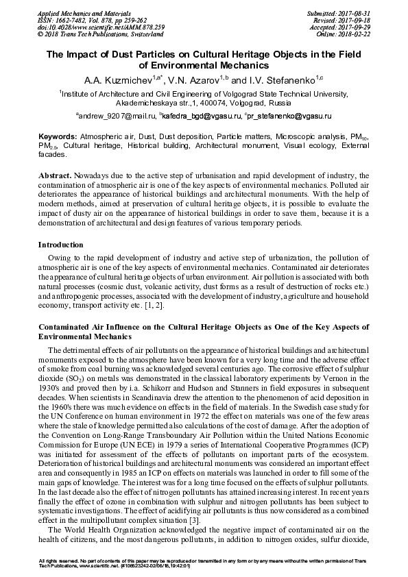 (PDF) The Impact of Dust Particles on Cultural Heritage Objects in the ...