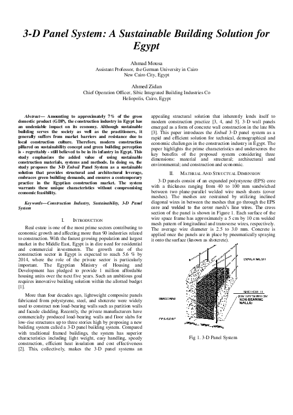 (PDF) 3-D Panel System: A Sustainable Building Solution for Egypt