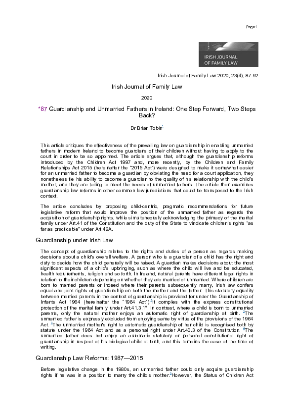 (PDF) Guardianship and Unmarried Fathers in Ireland One Step Forward
