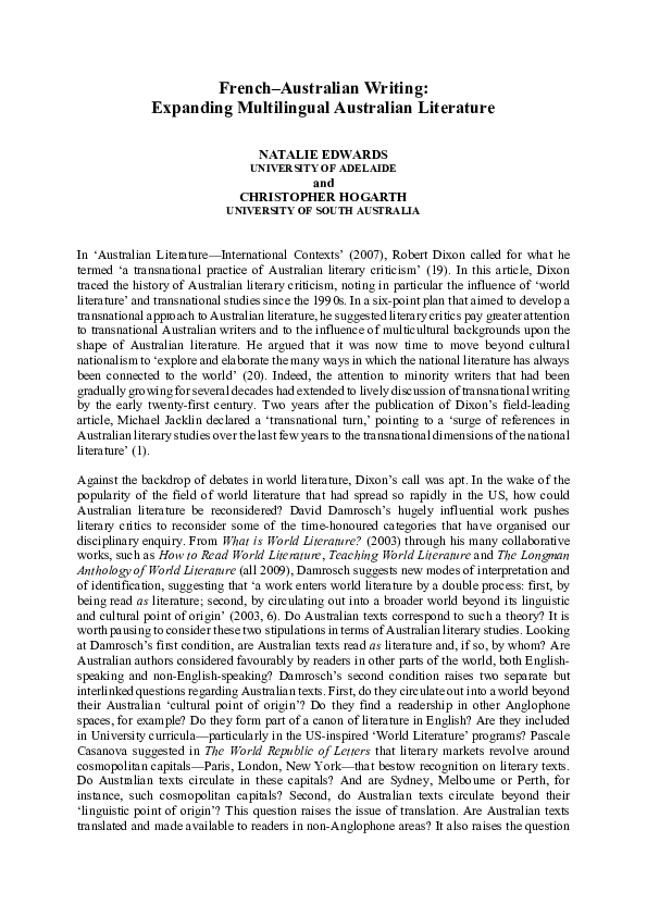 (PDF) French-Australian Writing: Expanding Multilingual Australian ...
