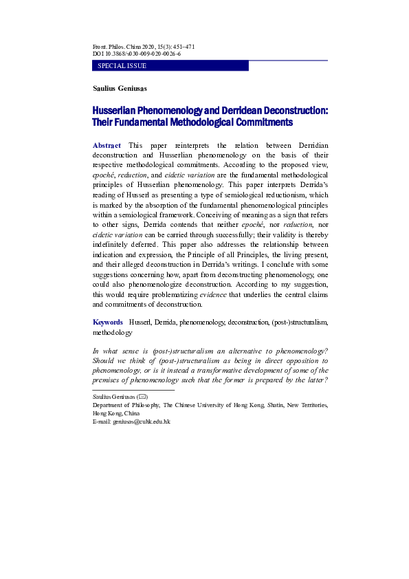 (PDF) Husserlian Phenomenology and Derridean Deconstruction: Their ...
