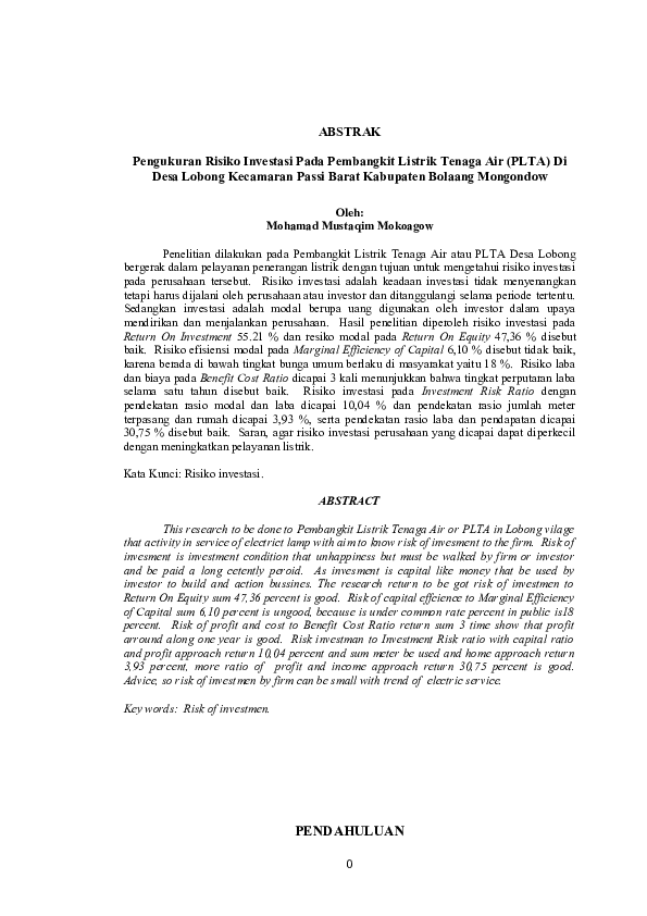 (DOC) Jurnal PLTA Lobong Resiko Investasi Mustaqim Mokoagow