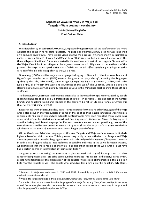 (PDF) Waja vowel harmony, and Tangale - Waja common vocabulary