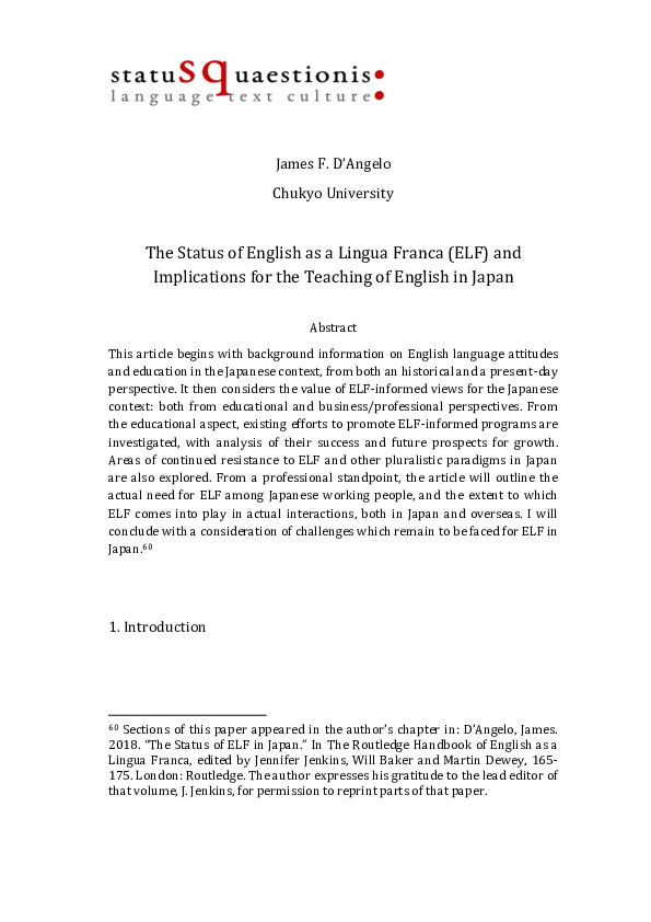 (PDF) The Status of English as a Lingua Franca (ELF) and Implications