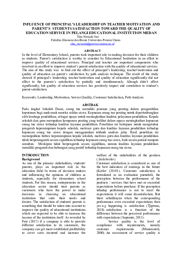 (DOC) INFLUENCE OF PRINCIPAL’S LEADERSHIP ON TEACHER MOTIVATION AND ...