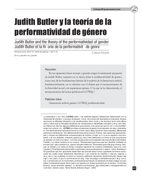 (PDF) Dialnet Judith Butler YLa Teoria De La Performatividad De Genero ...