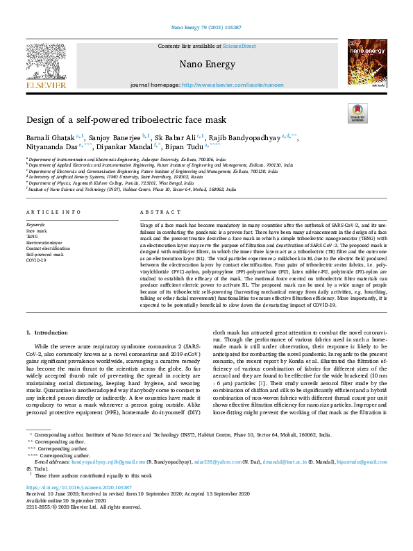 (PDF) Design of a self-powered triboelectric face mask