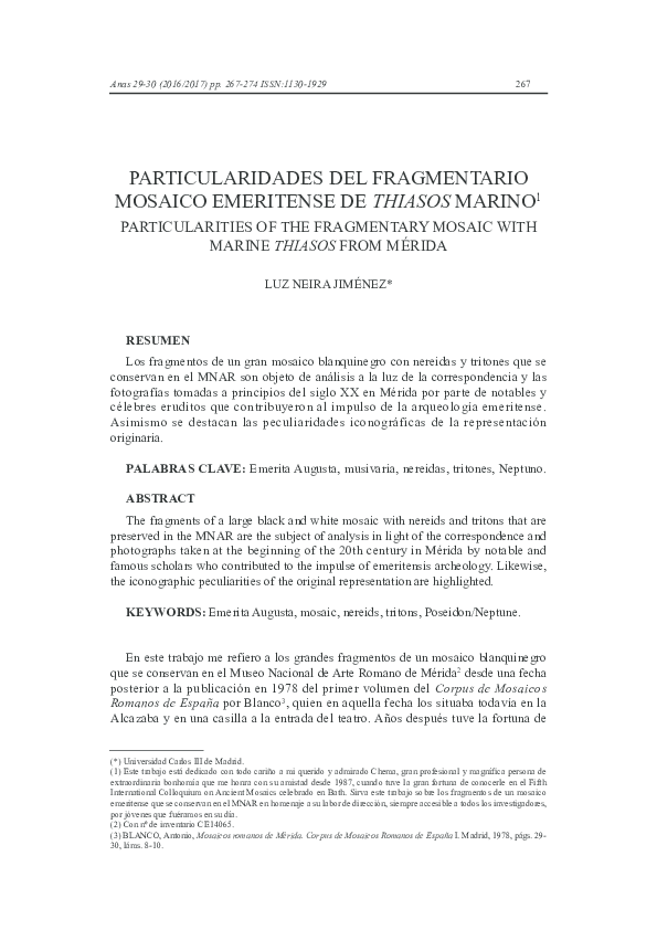 (PDF) Particularidades del fragmentario mosaico emeritense de thiasos ...