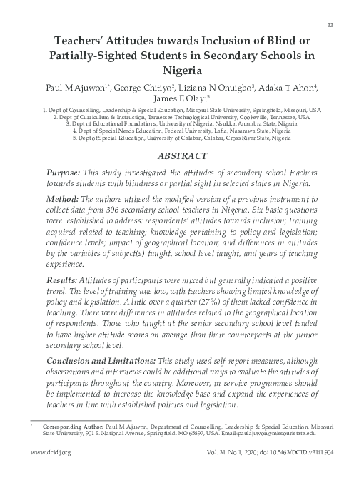 (PDF) Teachers' Attitudes towards Inclusion of Blind or Partially ...