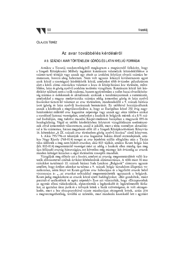 First page of “Az avar továbbélés kérdésérõl - Olajos Teréz - Tiszatáj”