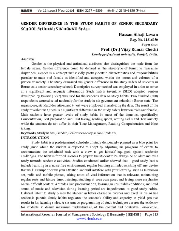(PDF) GENDER DIFFERENCE IN THE STUDY HABITS OF SENIOR SECONDARY SCHOOL ...