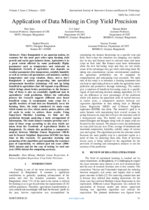 (PDF) Application of Data Mining in Crop Yield Precision