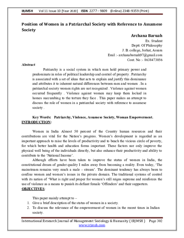 (PDF) Position of Women in a Patriarchal Society with Reference to ...