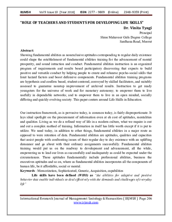 (PDF) ROLE OF TEACHERS AND STUDENTS FOR DEVELOPING LIFE SKILLS