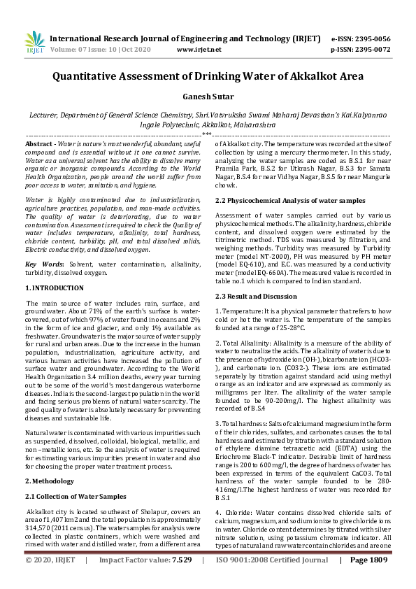 (PDF) IRJET- Quantitative Assessment of Drinking Water of Akkalkot Area