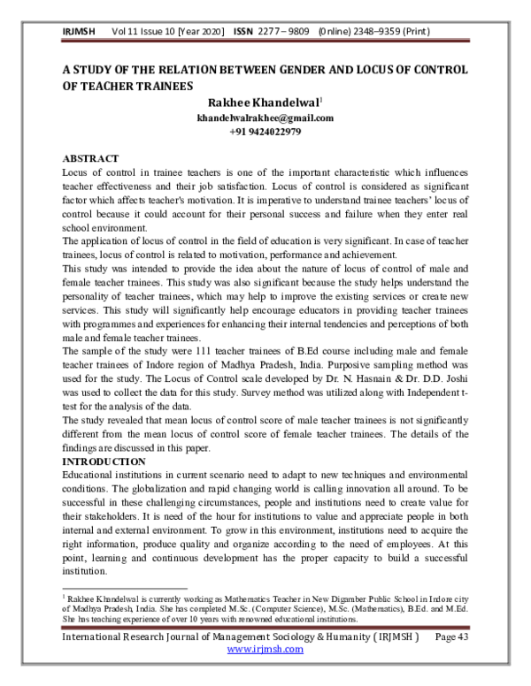 (PDF) A STUDY OF THE RELATION BETWEEN GENDER AND LOCUS OF CONTROL OF ...