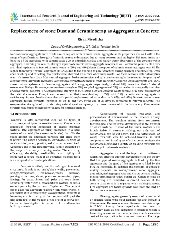 (PDF) IRJET- Replacement of stone Dust and Ceramic scrap as Aggregate ...