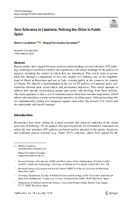 (PDF) Zero Tolerance in Catalonia. Policing the Other in Public Space