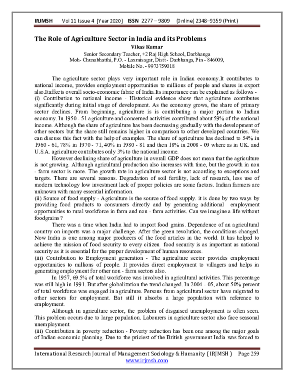 (PDF) The Role of Agriculture Sector in India and its Problems