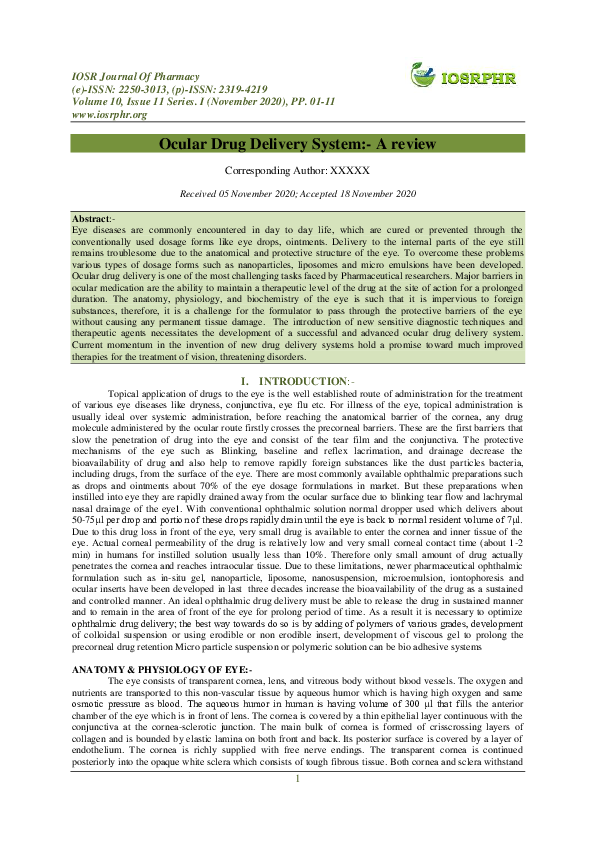 (PDF) Ocular Drug Delivery System:-A review Corresponding Author: XXXXX