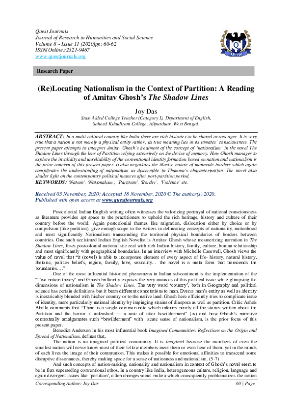 Re)Locating Nationalism in the Context of Partition: A Reading of Amitav Ghosh's The Shadow Lines
