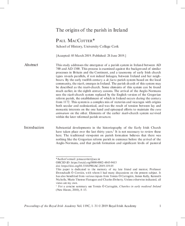 The origins of the parish in Ireland