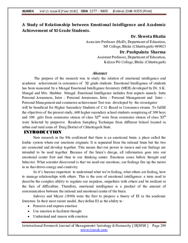 (PDF) A Study of Relationship between Emotional Intelligence and ...