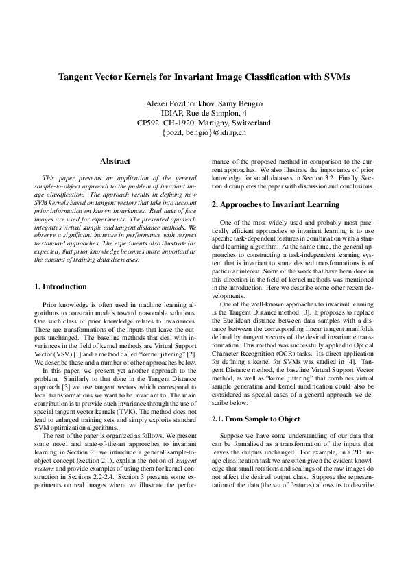 (PDF) Tangent vector kernels for invariant image classification with SVMs