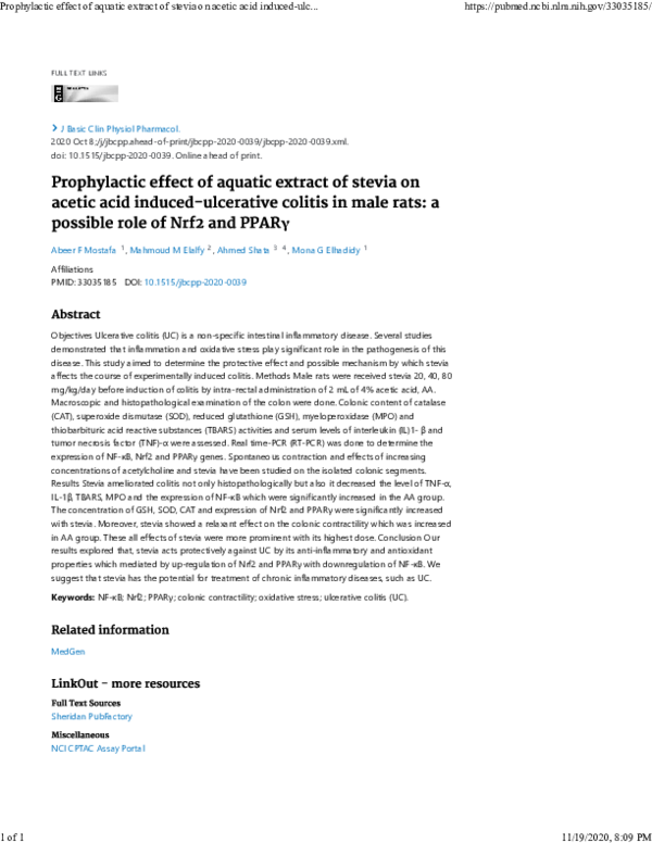 (PDF) Prophylactic effect of aquatic extract of stevia on acetic acid