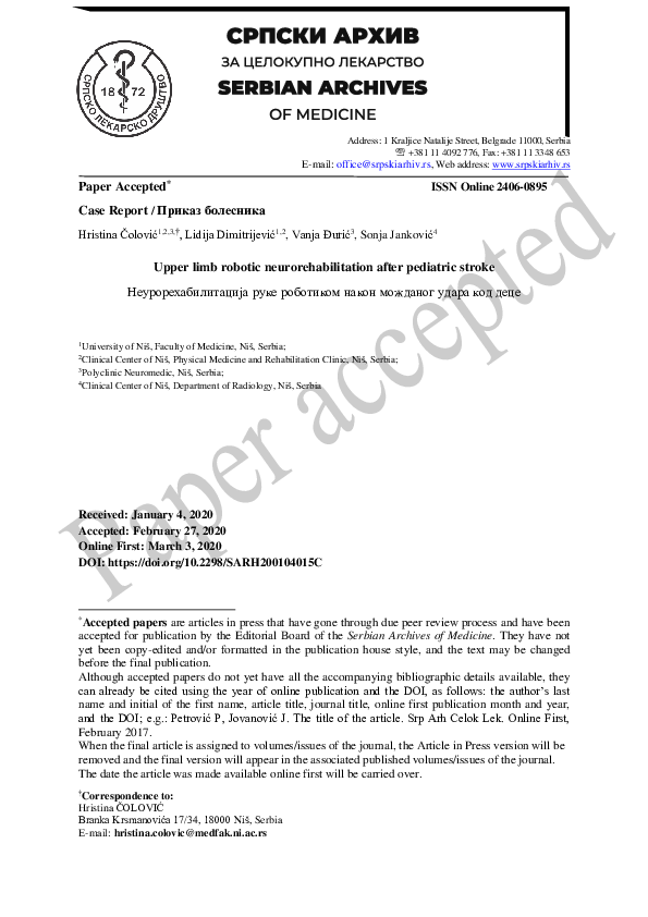 (PDF) Upper limb robotic neurorehabilitation after pediatric stroke