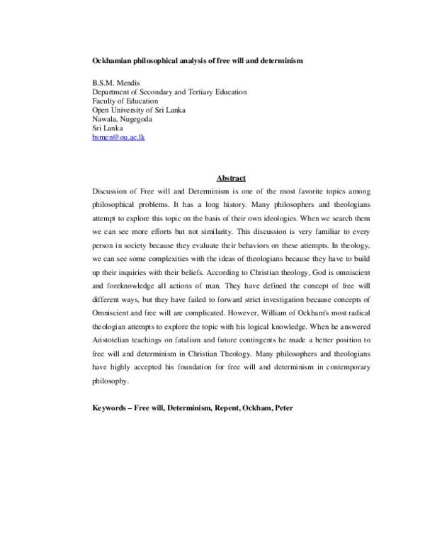 (PDF) Ockhamian philosophical analysis of free will and determinism