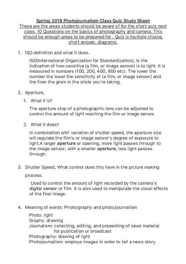 (PDF) Spring 2018 Photojournalism Class Quiz Study Sheet Valeria Meza