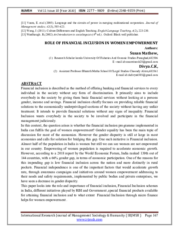 (PDF) ROLE OF FINANCIAL INCLUSION IN WOMEN EMPOWERMENT