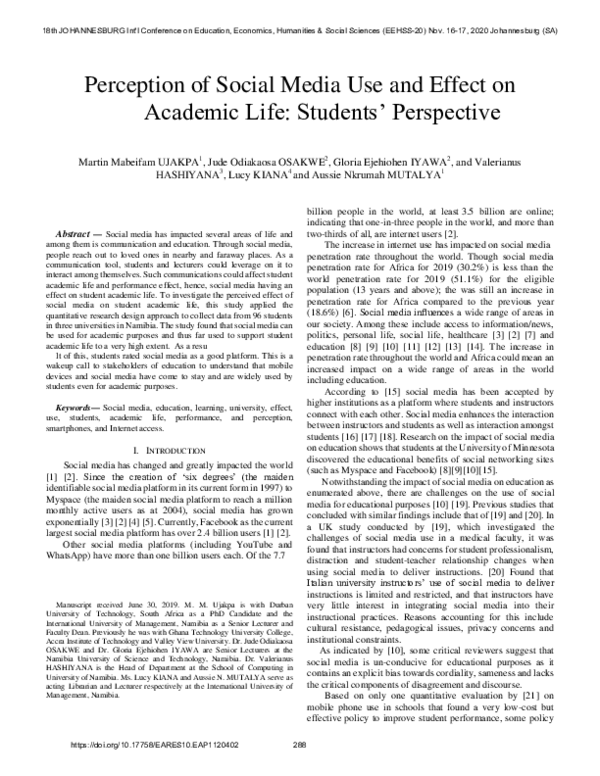 (PDF) Perception of Social Media Use and Effect on Academic Life ...
