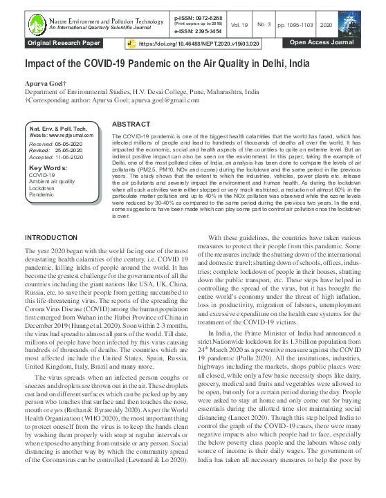 (PDF) Impact of the COVID-19 Pandemic on the Air Quality in Delhi, India