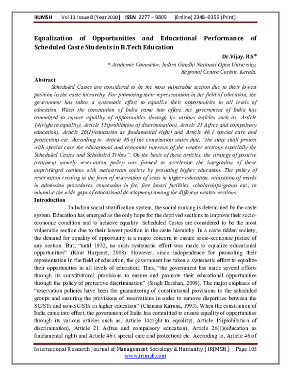 (PDF) Equalization of Opportunities and Educational Performance of