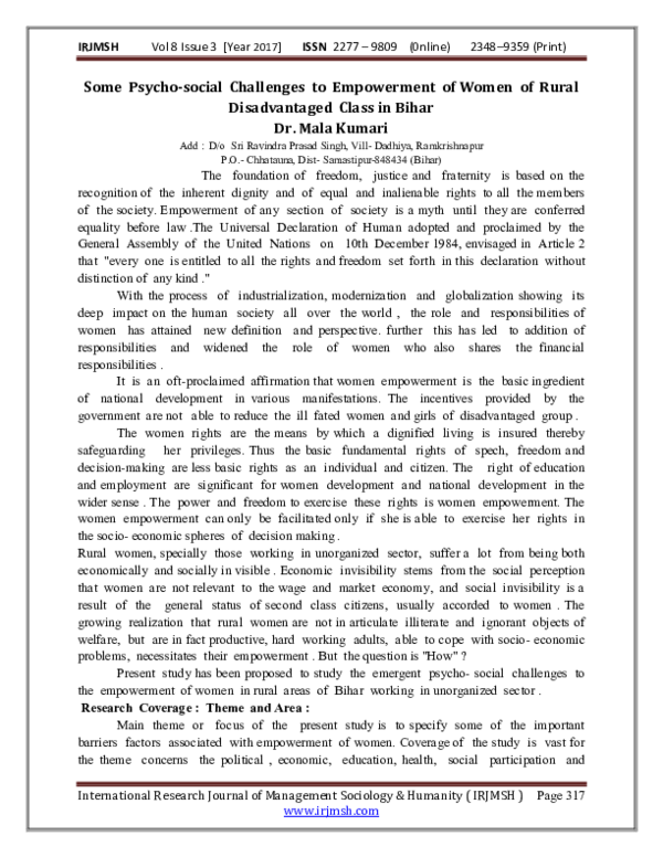 (PDF) Some Psycho-social Challenges to Empowerment of Women of Rural ...