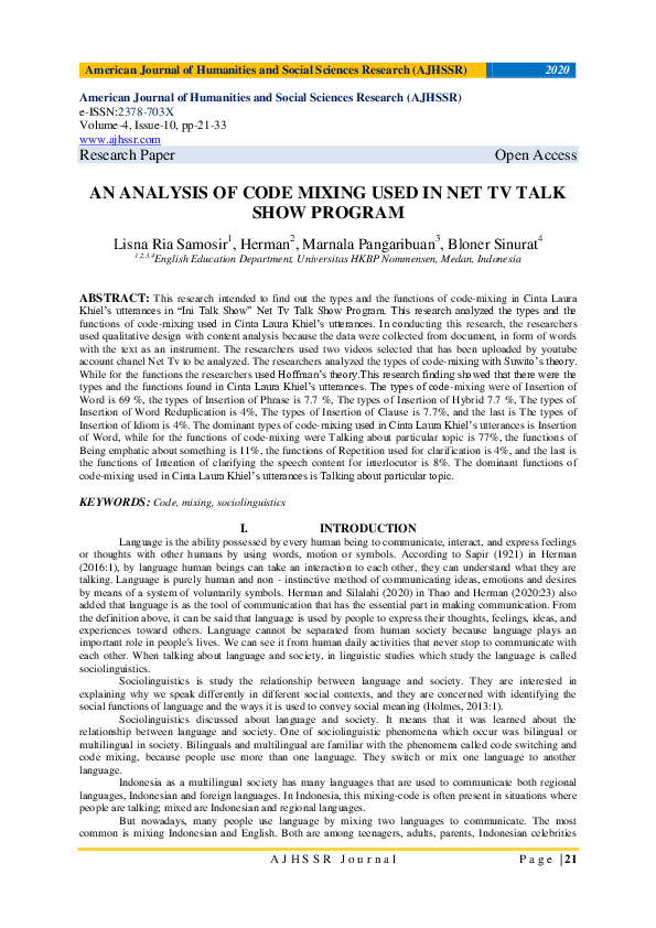 (PDF) AN ANALYSIS OF CODE MIXING USED IN NET TV TALK SHOW PROGRAM