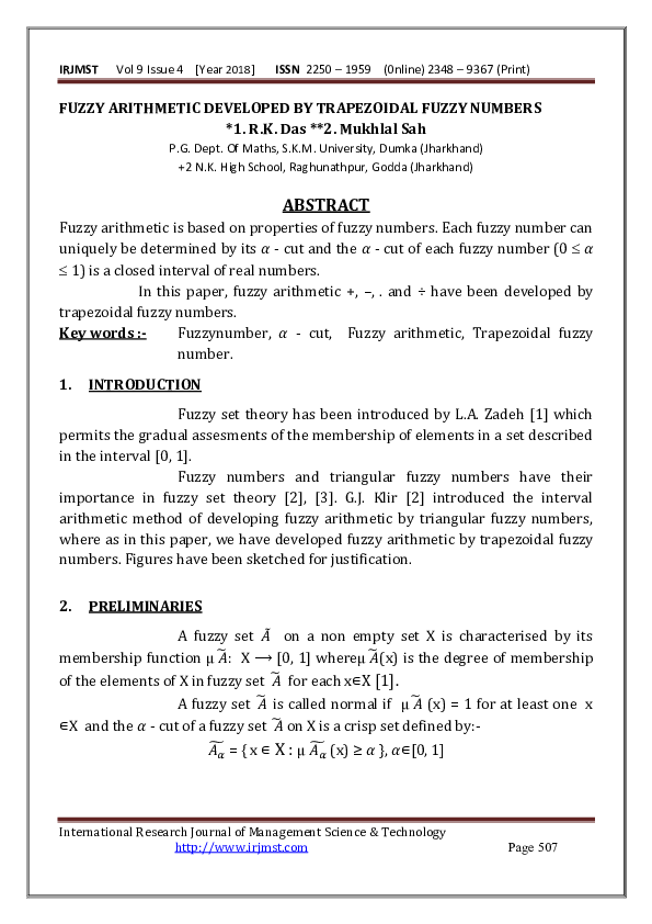 (PDF) FUZZY ARITHMETIC DEVELOPED BY TRAPEZOIDAL FUZZY NUMBERS