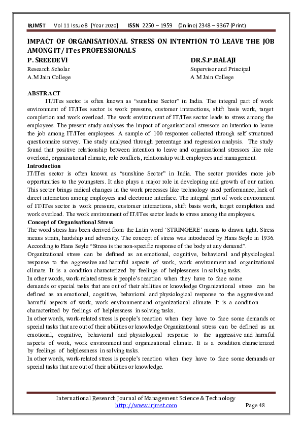 (PDF) IMPACT OF ORGANISATIONAL STRESS ON INTENTION TO LEAVE THE JOB ...