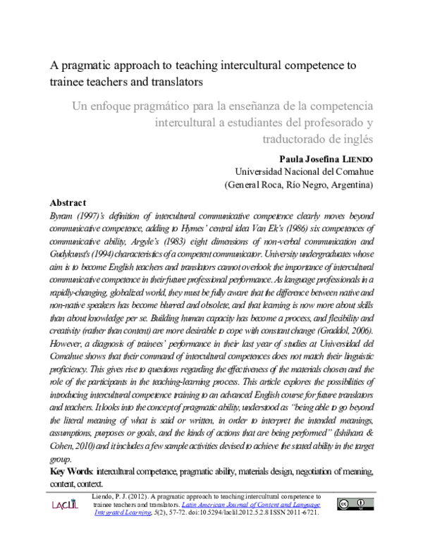 (PDF) A pragmatic approach to teaching intercultural competence to ...