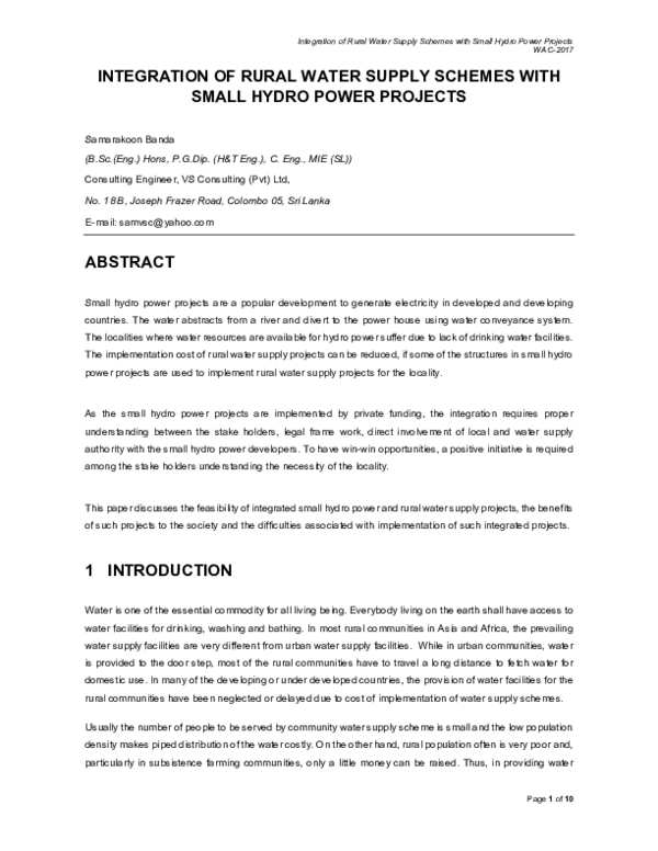 (PDF) Integration of Rural Water Supply Schemes with Small Hydro Power